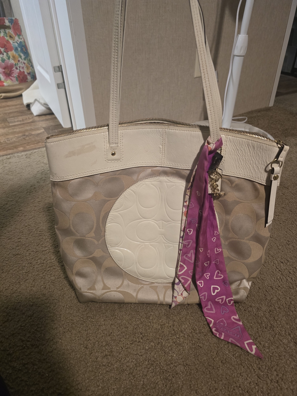 Coach Beige Signature Tote with Cream Leather Trim and Pink Scarf